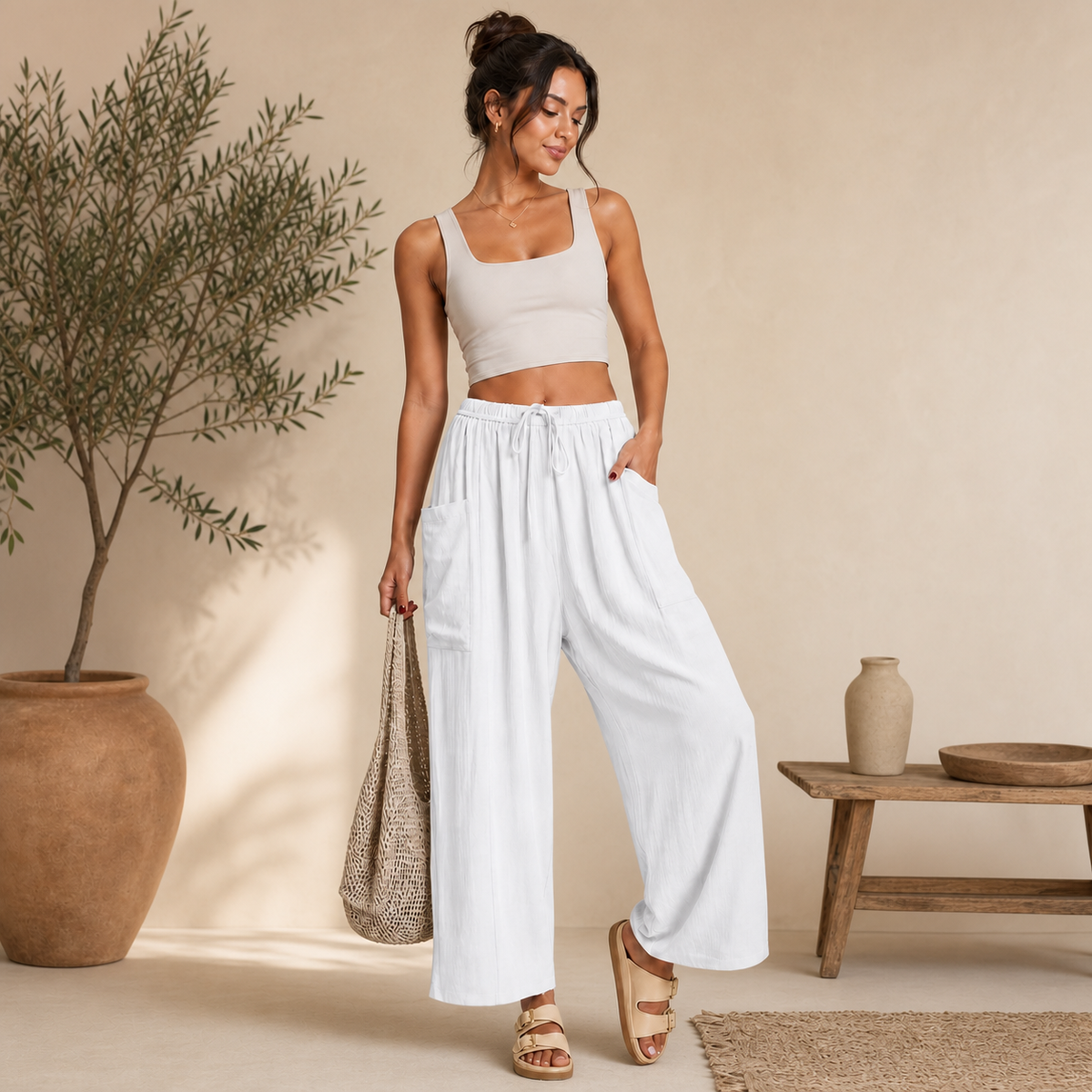 Linen Wide-Leg Cargo Pants