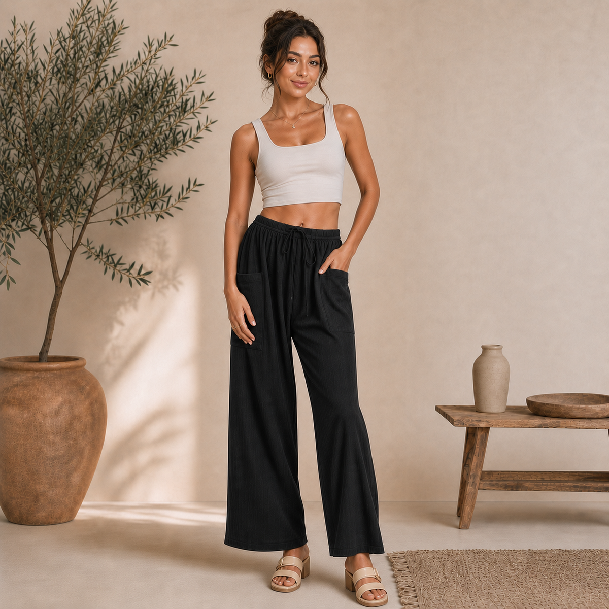 Linen Wide-Leg Cargo Pants